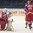 SPISSKA NOVA VES, SLOVAKIA - APRIL 13: Russia's Maxim Zhukov #30 takes a knee during a stoppage in play against Sweden during preliminary round action at the 2017 IIHF Ice Hockey U18 World Championship. (Photo by Steve Kingsman/HHOF-IIHF Images)

